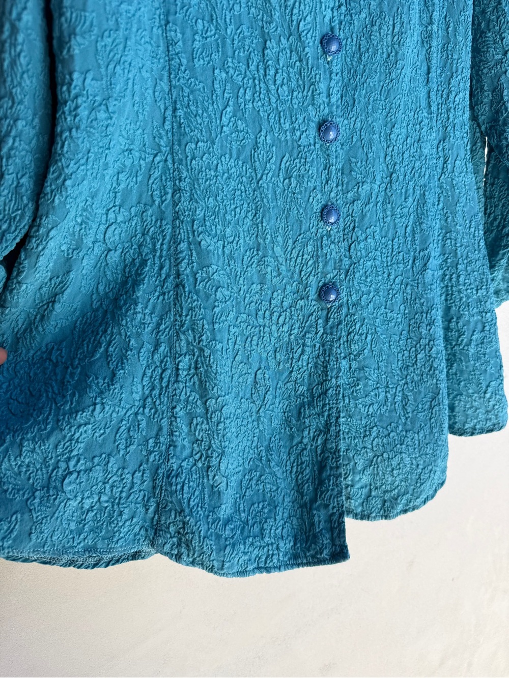 URU Silk Jacket Top kimono cardigan washable Long Sleeve vintage Teal Blue  XL - Picture 7 of 14